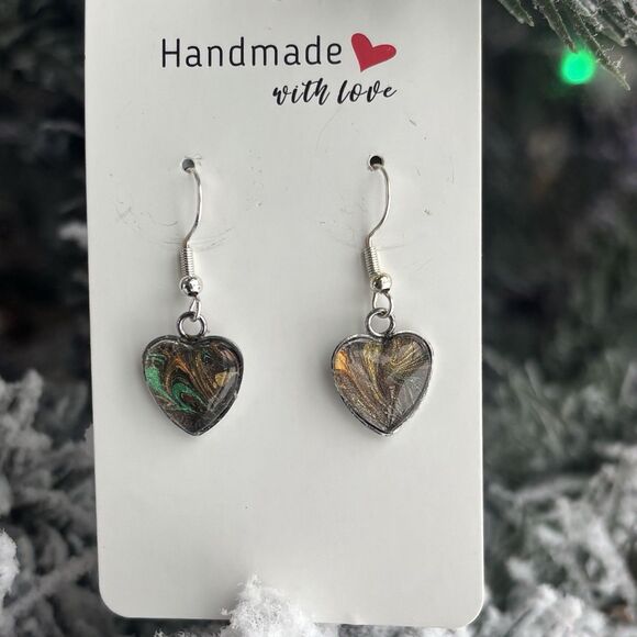Handmade Acrylic Pour Heart Earrings Dangle Hypoallergenic Jewelry Holiday Gift - Picture 2 of 4
